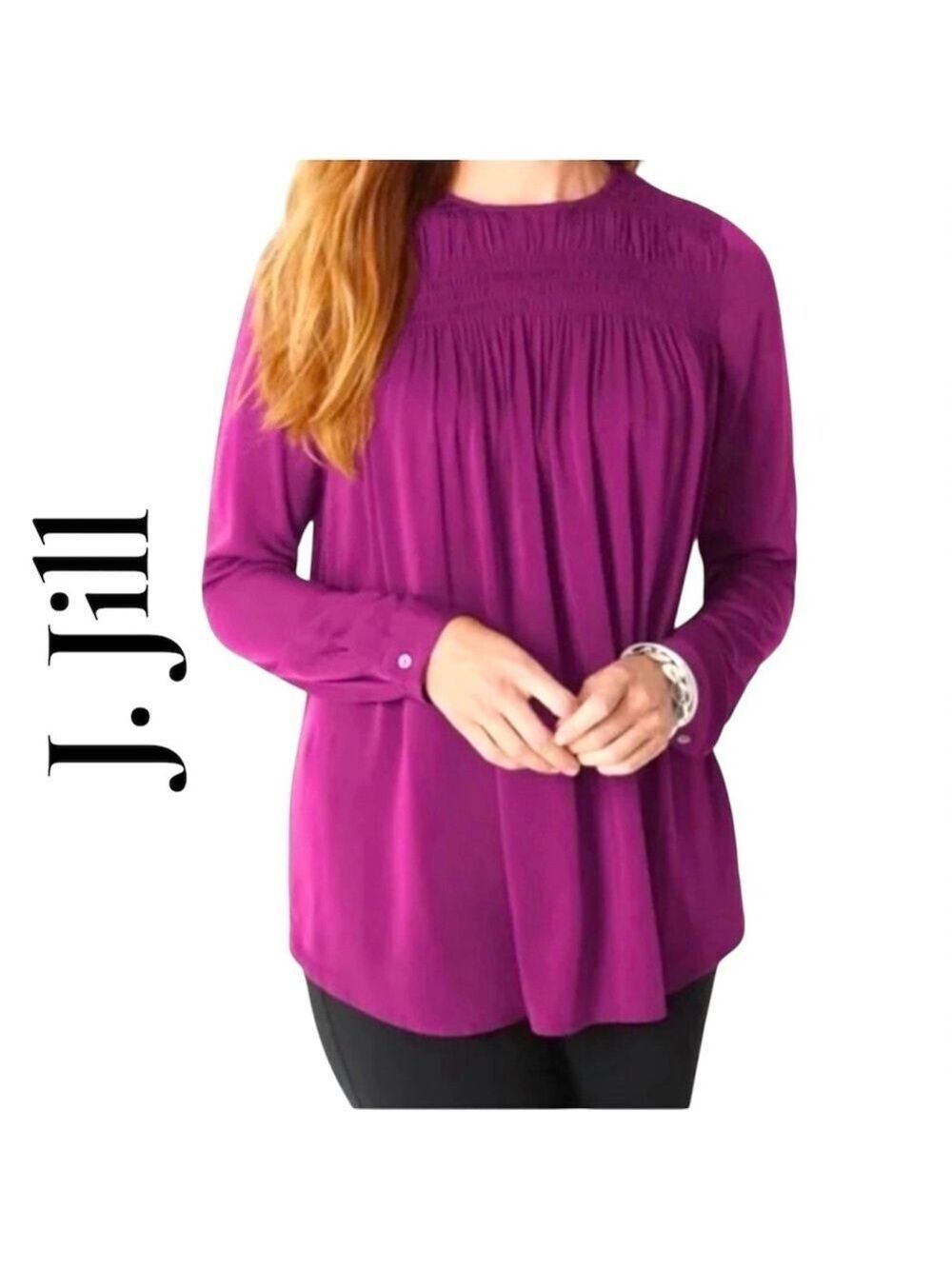 J. Jill Women's Gorgeous Magenta Smocked-Yoke Silky Viscose Blouse! 2X EUC!!!